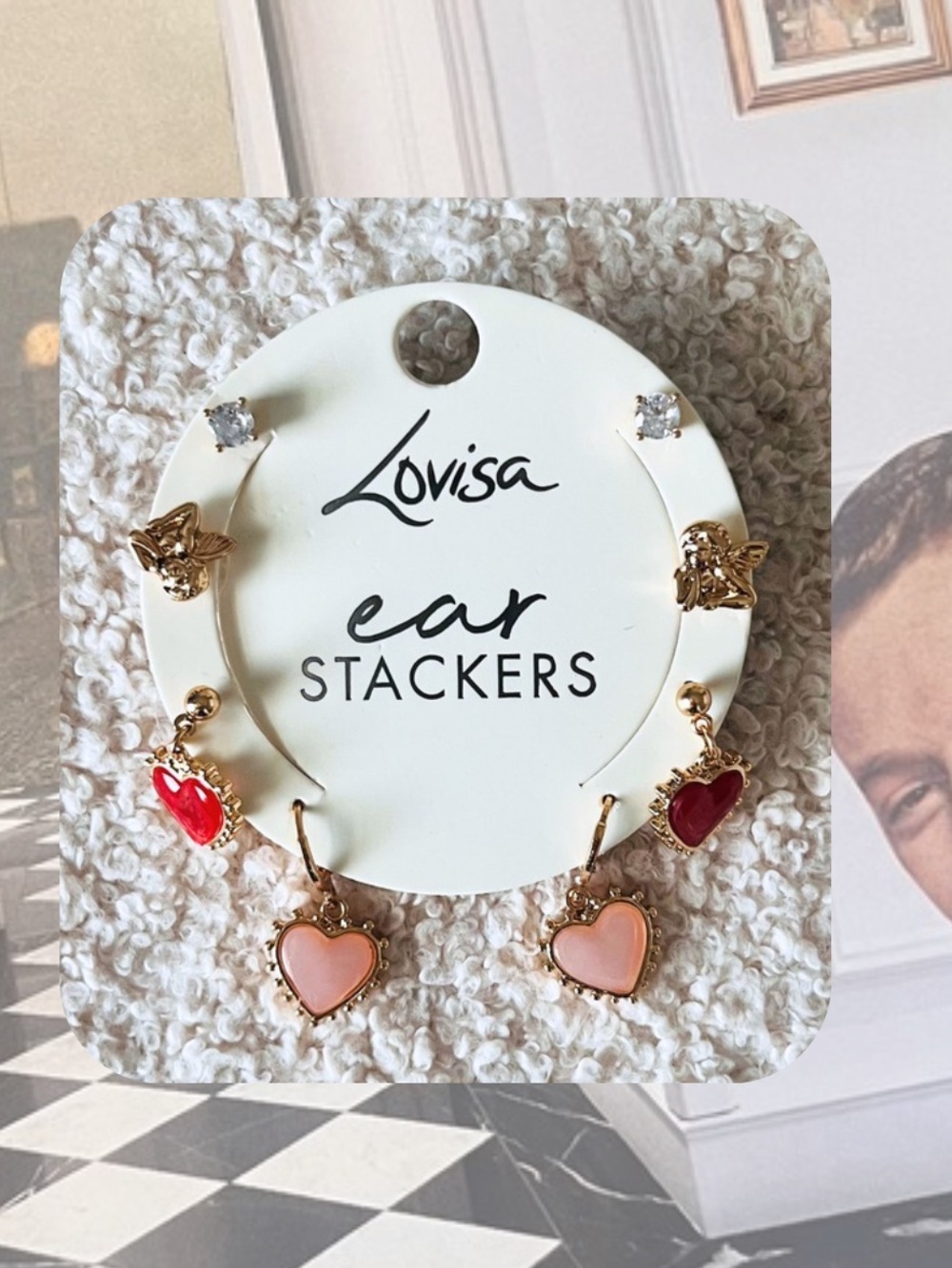 Lovisa Ear Stacker Set of 4 Gold Heart Dangle Earrings, Angel, & Diamond Studs